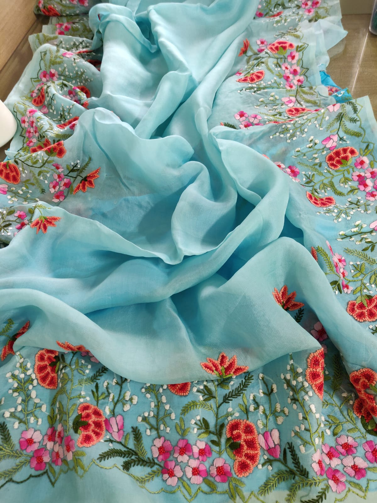 Blue Embroidered Trendy Pure Organza Silk French Knot Saree - Luxurion World