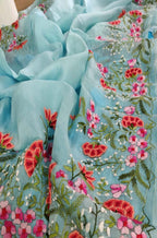 Blue Embroidered Trendy Pure Organza Silk French Knot Saree - Luxurion World