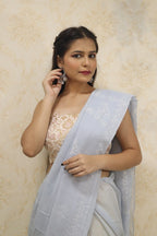Grey Hand Embroidered Chikankari Cotton Saree - Luxurion World