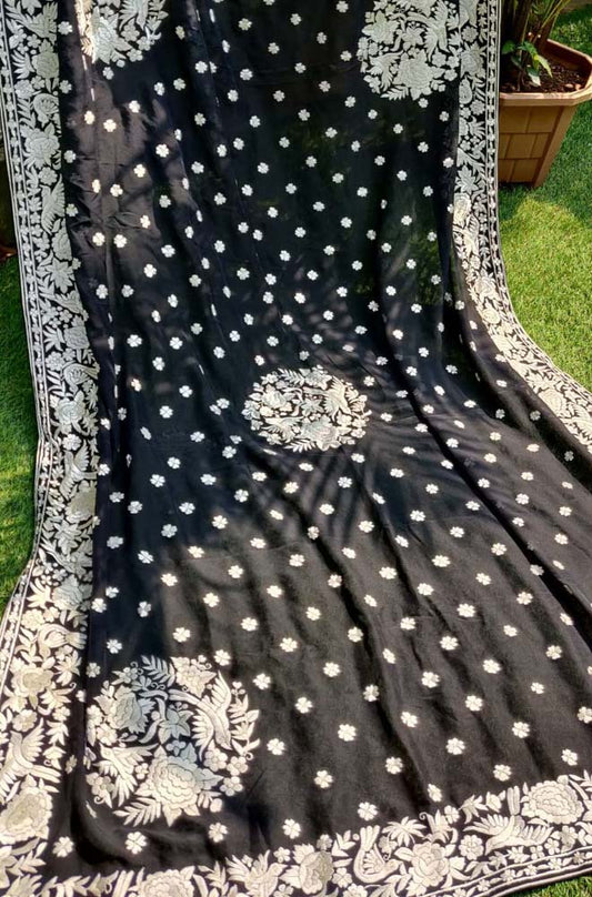 Black Hand Embroidered Parsi Gara Pure Georgette Dupatta - Luxurion World