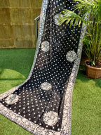 Black Hand Embroidered Parsi Gara Pure Georgette Dupatta - Luxurion World
