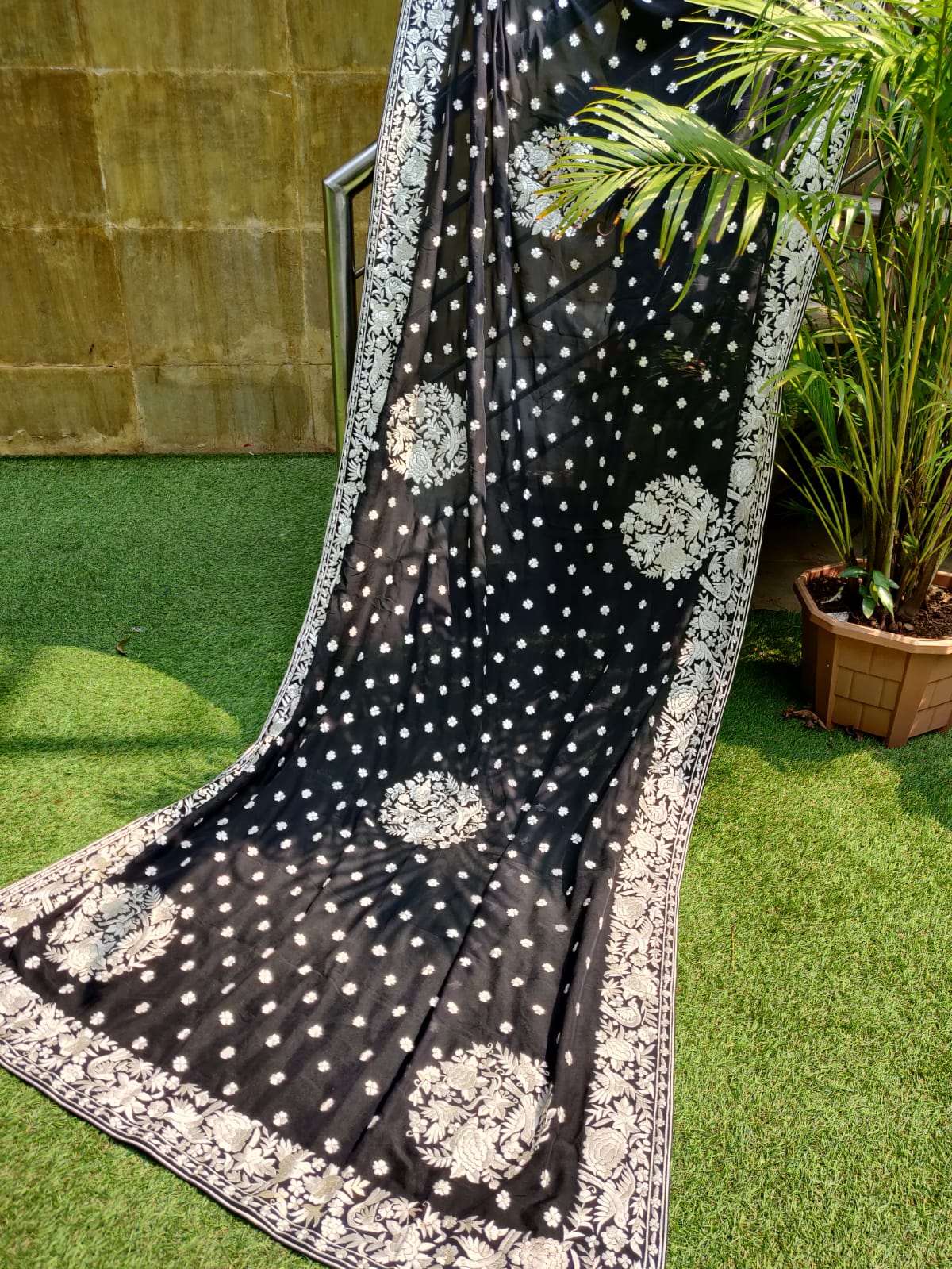 Black Hand Embroidered Parsi Gara Pure Georgette Dupatta - Luxurion World