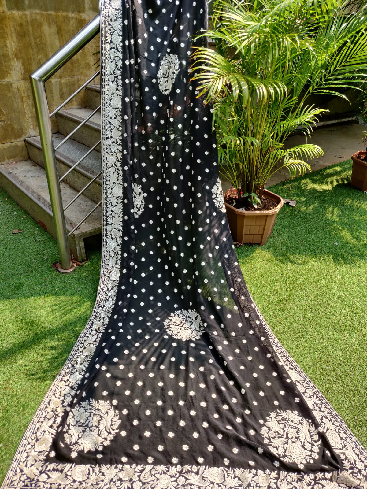 Black Hand Embroidered Parsi Gara Pure Georgette Dupatta - Luxurion World