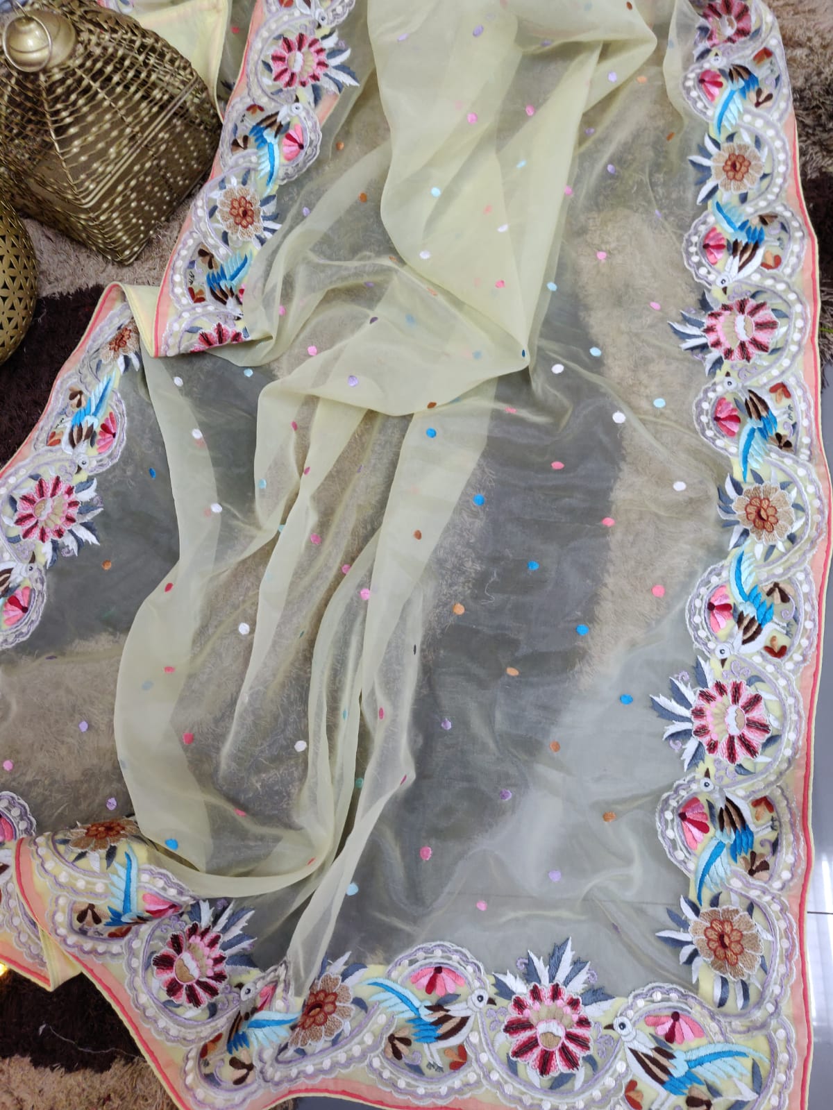 Yellow Hand Embroidered Parsi Gara Pure Organza Dupatta - Luxurion World