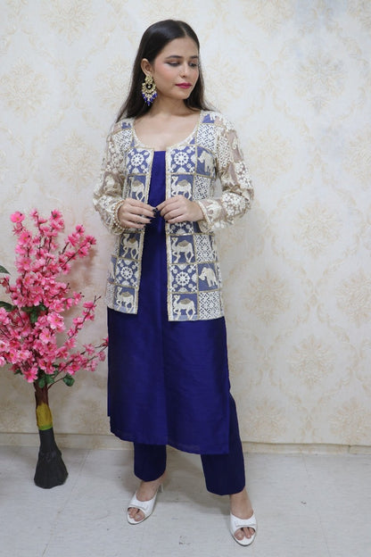 Navy Blue Raw Silk Kurti With White Jacket - Luxurion World