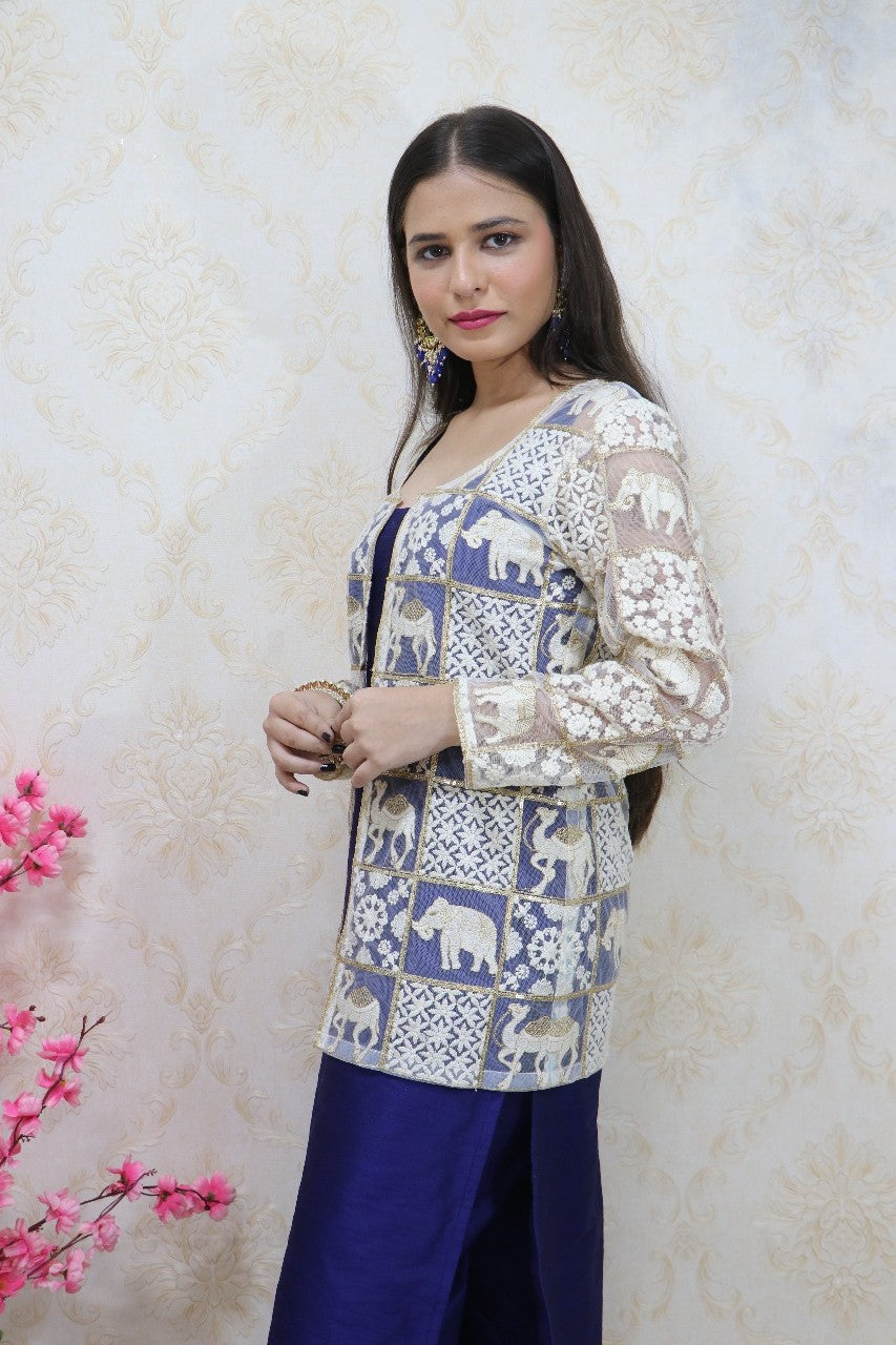 Navy Blue Raw Silk Kurti With White Jacket - Luxurion World