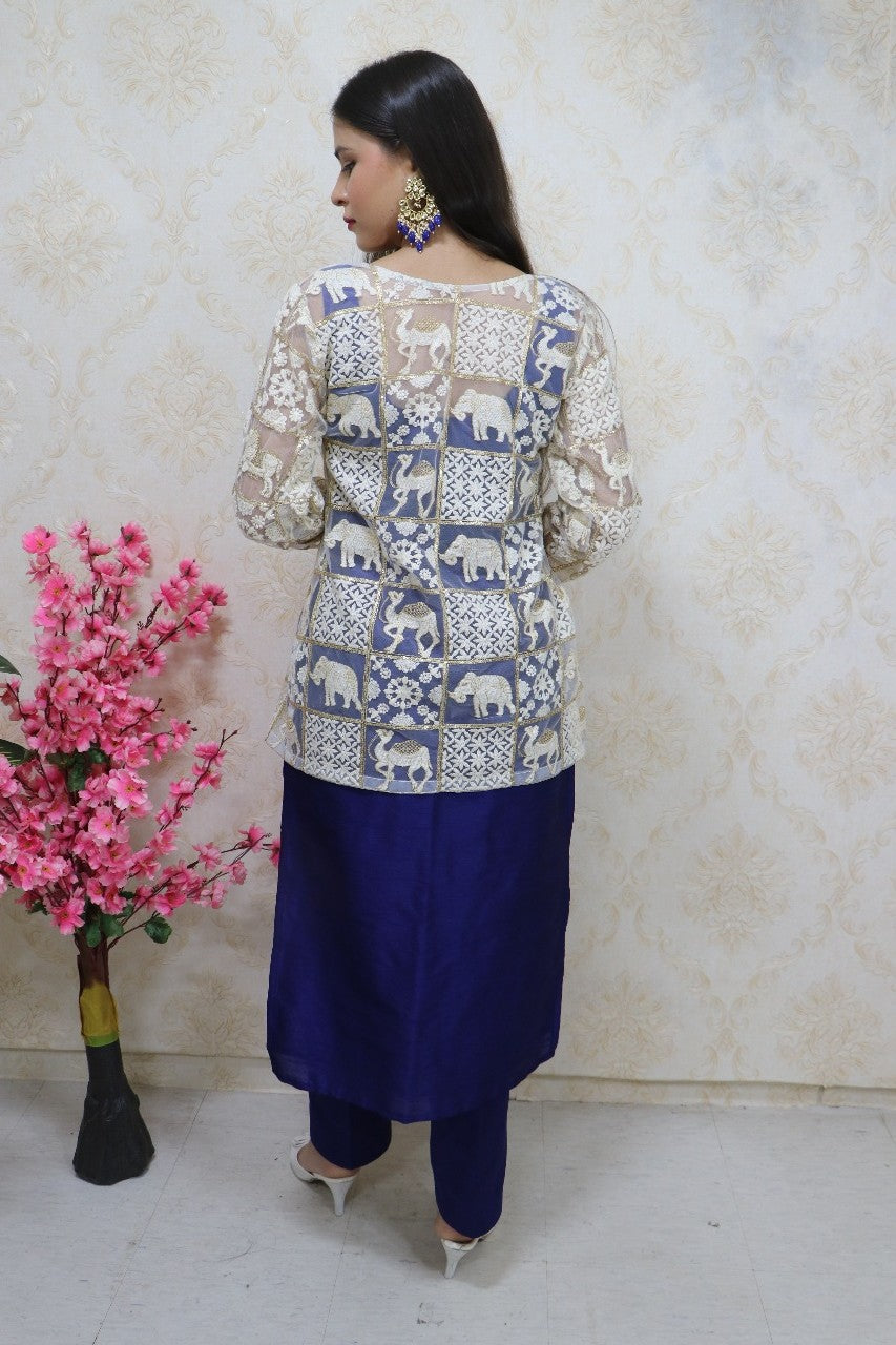 Navy Blue Raw Silk Kurti With White Jacket - Luxurion World