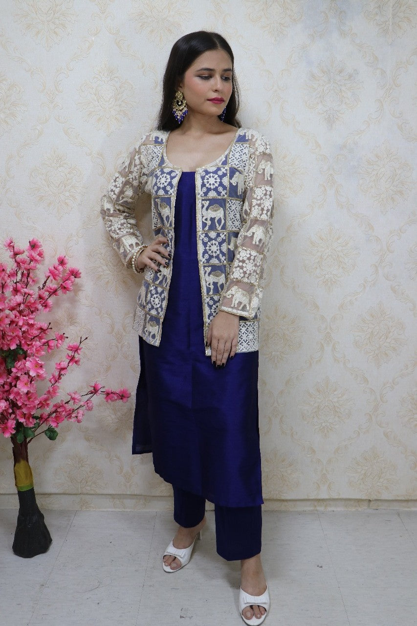 Navy Blue Raw Silk Kurti With White Jacket - Luxurion World