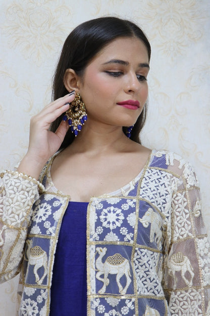 Navy Blue Raw Silk Kurti With White Jacket - Luxurion World