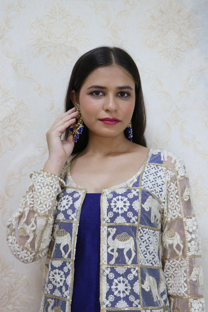 Navy Blue Raw Silk Kurti With White Jacket - Luxurion World