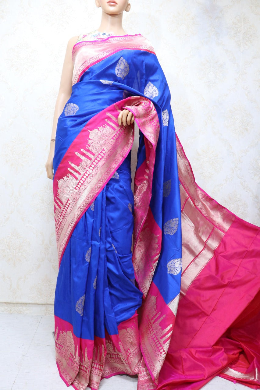 Blue Handloom Banarasi Pure Katan Silk Taj Mahal Design Saree - Luxurion World