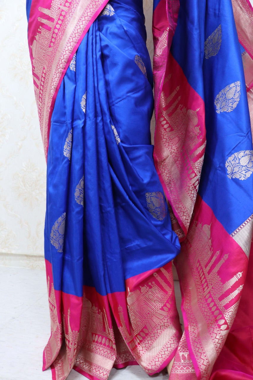 Blue Handloom Banarasi Pure Katan Silk Taj Mahal Design Saree - Luxurion World