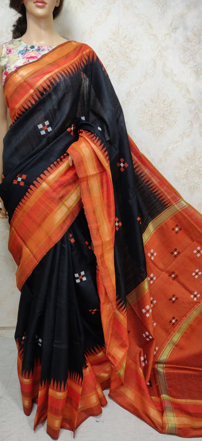 Black Handloom Bhagalpur Pure Raw Silk Temple Design Border Saree
