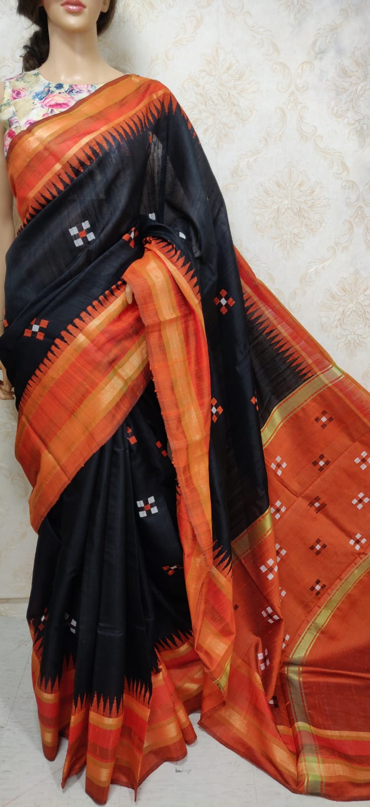 Black Handloom Bhagalpur Pure Raw Silk Temple Design Border Saree - Luxurion World