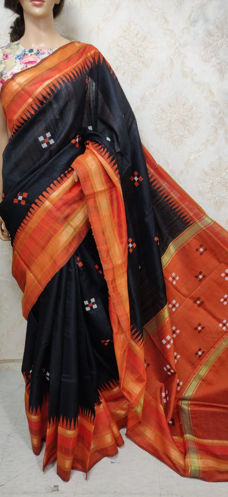 Black Handloom Bhagalpur Pure Raw Silk Temple Design Border Saree - Luxurion World