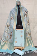 Blue Banarasi Digital Printed Chanderi Silk Three Piece Unstitched Suit Set - Luxurion World