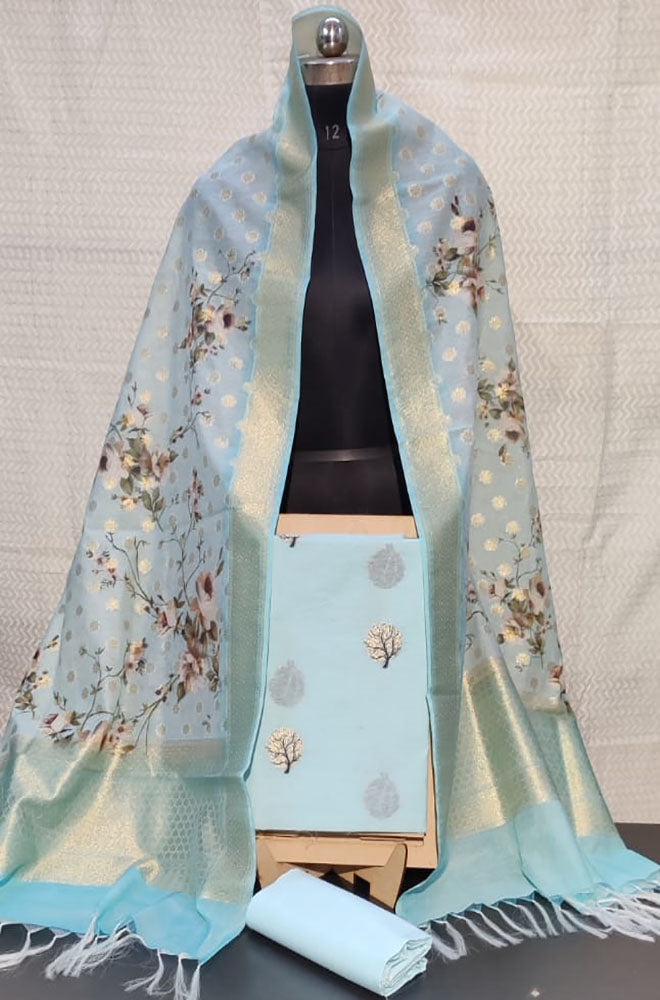 Blue Banarasi Digital Printed Chanderi Silk Three Piece Unstitched Suit Set - Luxurion World