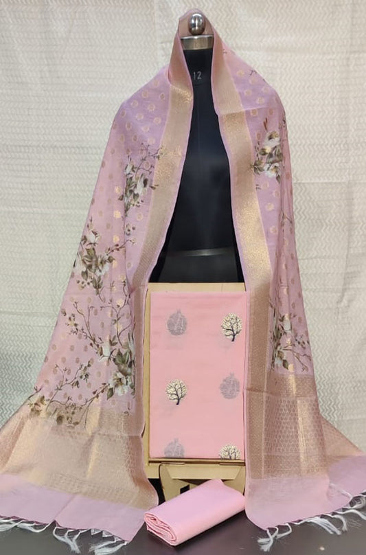 Pink Banarasi Digital Printed Chanderi Silk Three Piece Unstitched Suit Set - Luxurion World