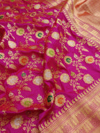 Pink Handloom Banarasi Pure Katan Silk Jaal Work Meenakari Saree - Luxurion World