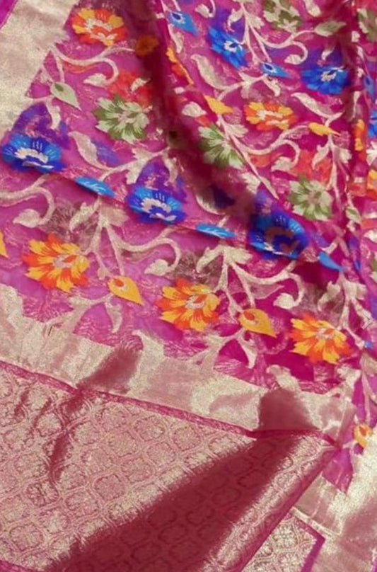 Pink Handloom Banarasi Tissue Silk Net Dupatta - Luxurion World