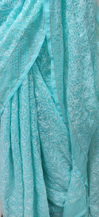 Blue Embroidered Chikankari Tepchi Pure Georgette Saree With Mukaish Work - Luxurion World
