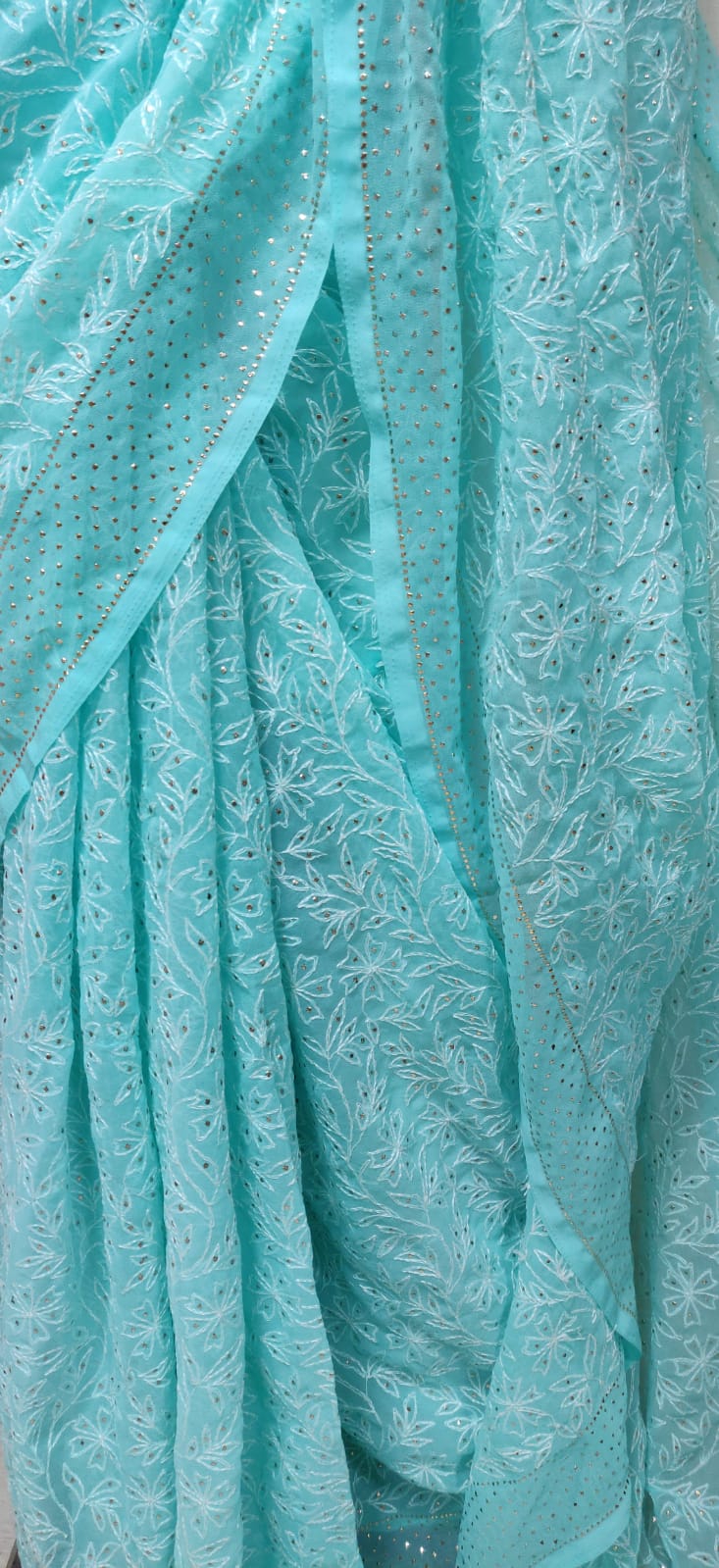 Blue Embroidered Chikankari Tepchi Pure Georgette Saree With Mukaish Work - Luxurion World