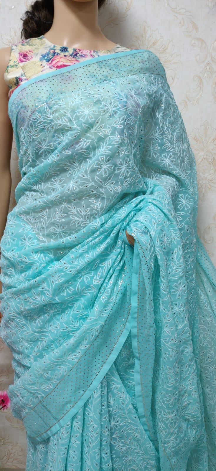 Blue Embroidered Chikankari Tepchi Pure Georgette Saree With Mukaish Work - Luxurion World