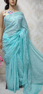 Blue Embroidered Chikankari Tepchi Pure Georgette Saree With Mukaish Work - Luxurion World
