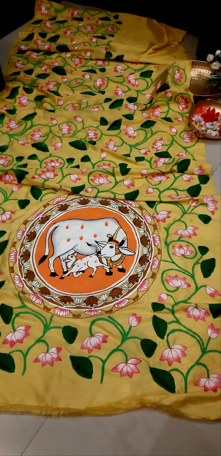 Yellow Pichhwai Hand Painted Mulberry Silk Saree - Luxurion World