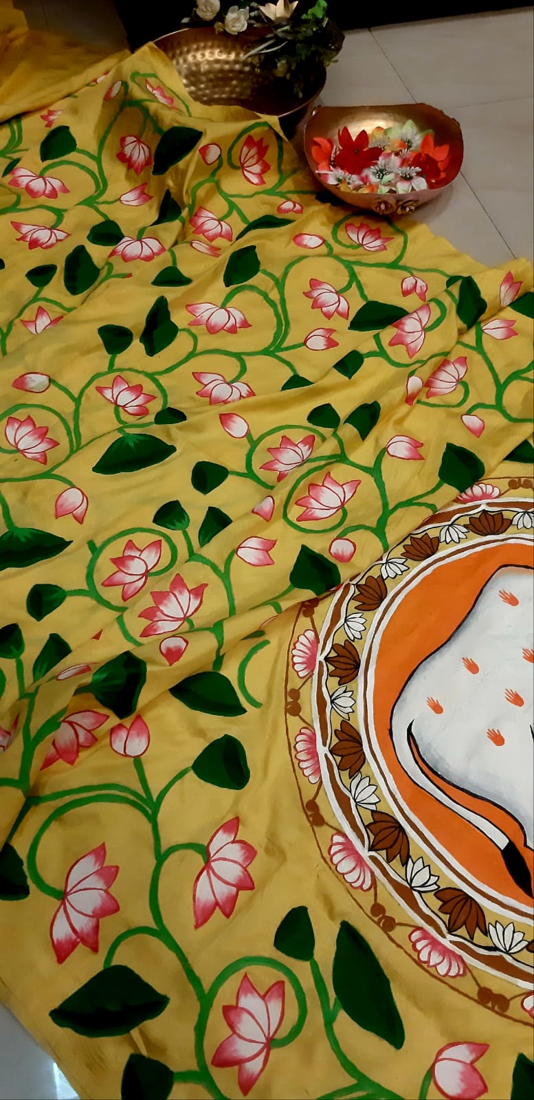 Yellow Pichhwai Hand Painted Mulberry Silk Saree - Luxurion World