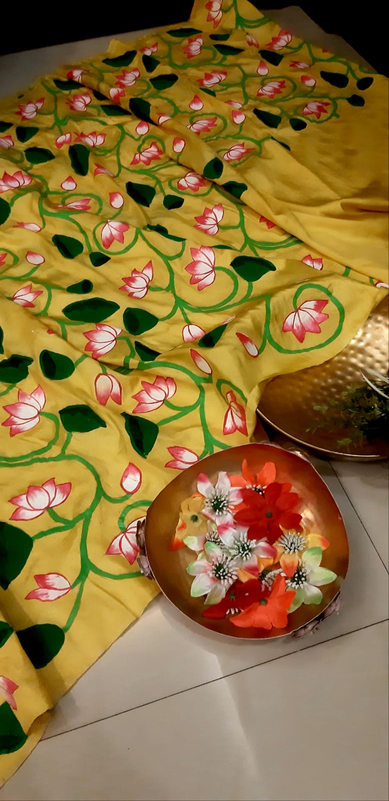 Yellow Pichhwai Hand Painted Mulberry Silk Saree - Luxurion World