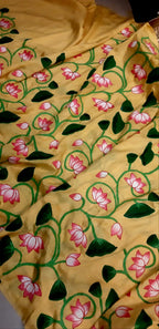Yellow Pichhwai Hand Painted Mulberry Silk Saree - Luxurion World
