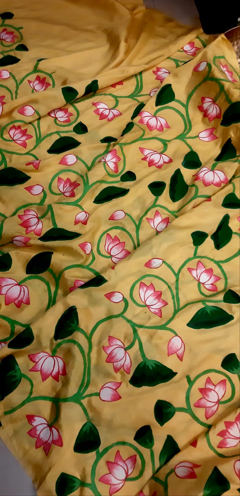 Yellow Pichhwai Hand Painted Mulberry Silk Saree - Luxurion World