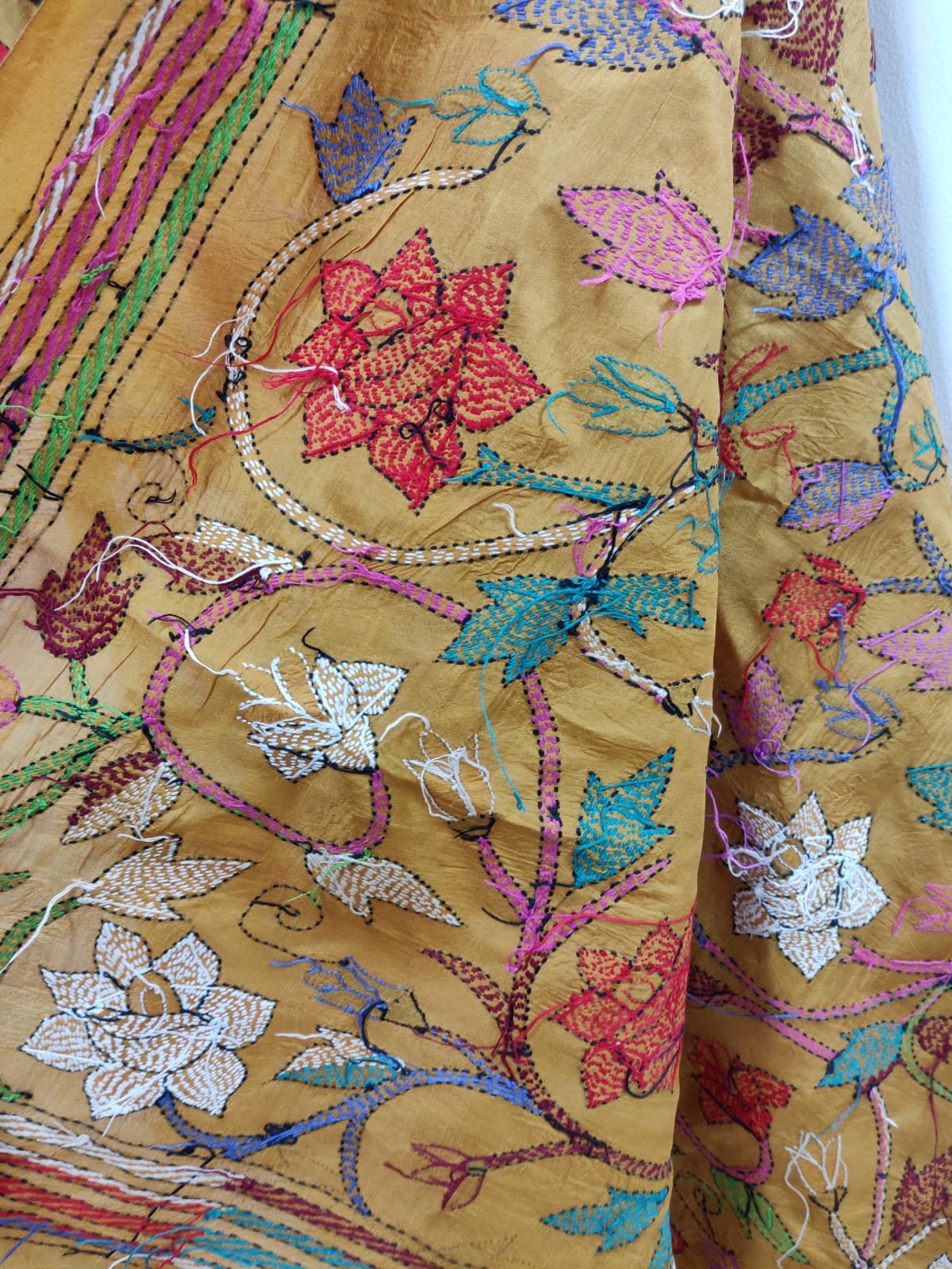 Yellow Hand Embroidered Kantha Pure Bangalore Silk Dupatta - Luxurion World