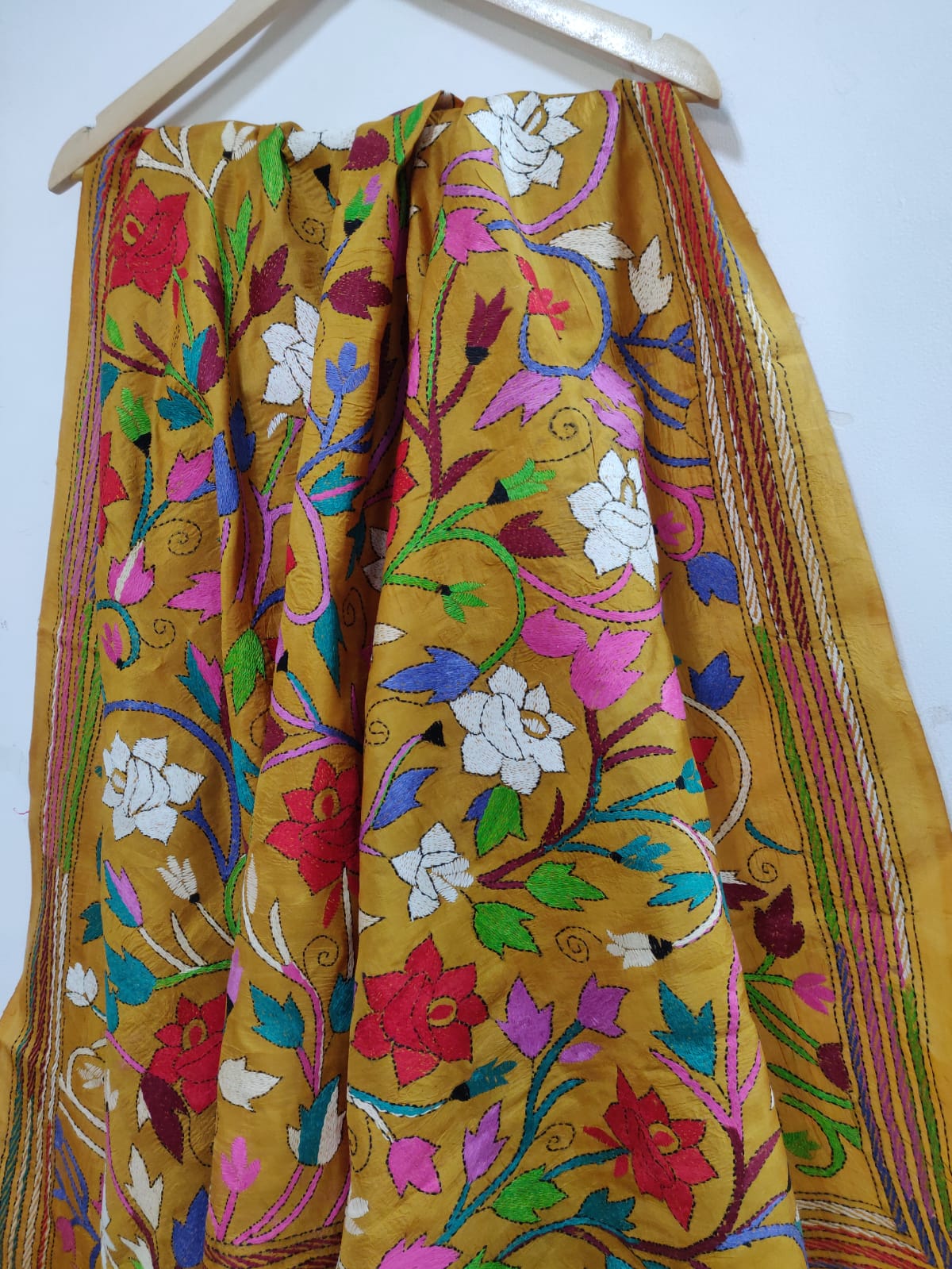 Yellow Hand Embroidered Kantha Pure Bangalore Silk Dupatta - Luxurion World