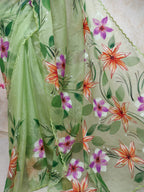 Green Hand Painted Organza Scalloped Border Saree - Luxurion World