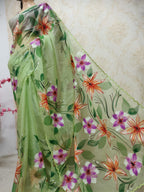 Green Hand Painted Organza Scalloped Border Saree - Luxurion World