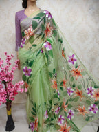 Green Hand Painted Organza Scalloped Border Saree - Luxurion World