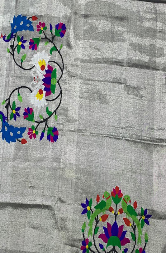 Silver Handloom Paithani Pure Silk Blouse Piece Fabric ( 1 Mtr ) - Luxurion World