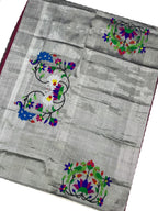 Silver Handloom Paithani Pure Silk Blouse Piece Fabric ( 1 Mtr ) - Luxurion World
