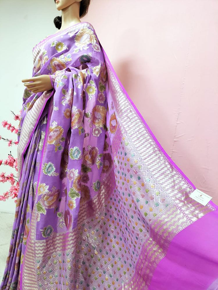 Purple Handloom Banarasi Pure Georgette Brush Dye Saree - Luxurion World