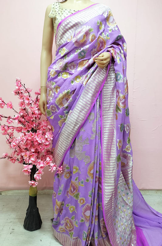 Purple Handloom Banarasi Pure Georgette Brush Dye Saree - Luxurion World