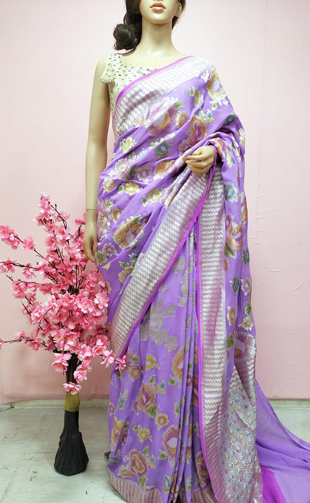 Purple Handloom Banarasi Pure Georgette Brush Dye Saree - Luxurion World