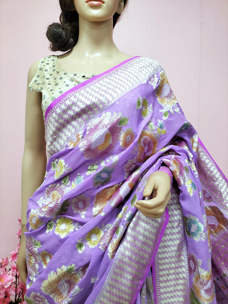 Purple Handloom Banarasi Pure Georgette Brush Dye Saree - Luxurion World