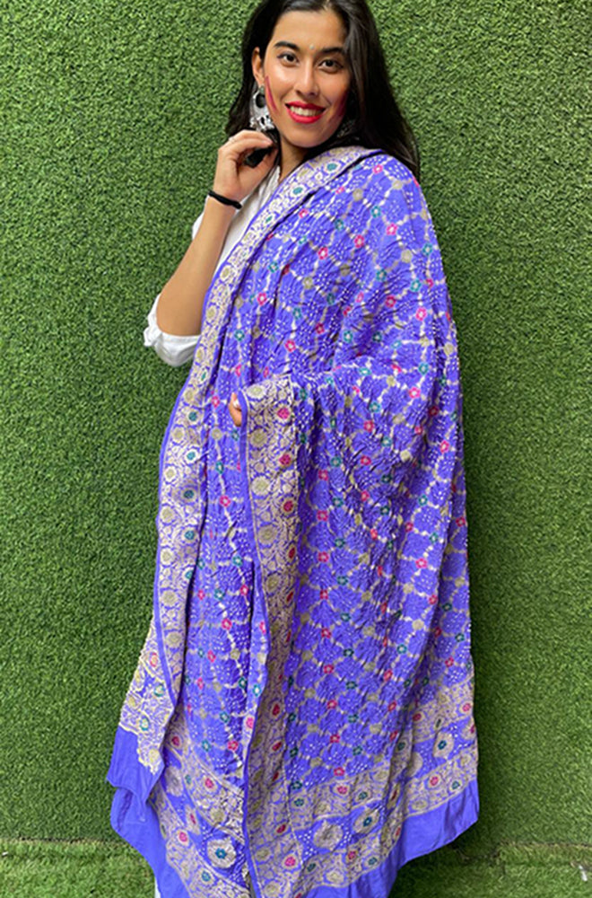 Blue Checks Bandhani Silk Meenakari Dupatta - Luxurion World
