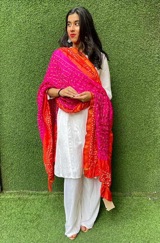 Pink And Red Checks Bandhani Silk Dupatta - Luxurion World