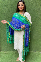 Blue And Green Checks Bandhani Silk Dupatta - Luxurion World