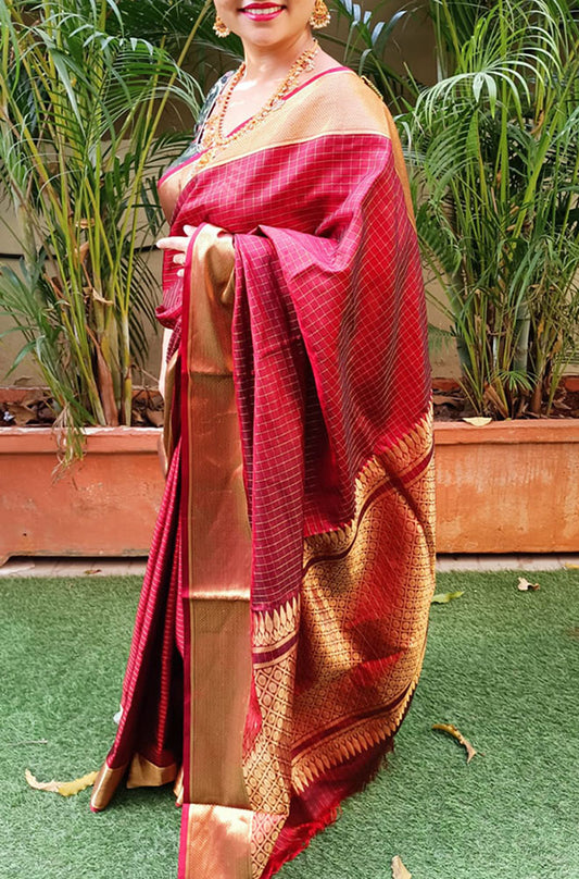 Maroon Handloom Kanjeevaram Pure Silk Saree - Luxurion World