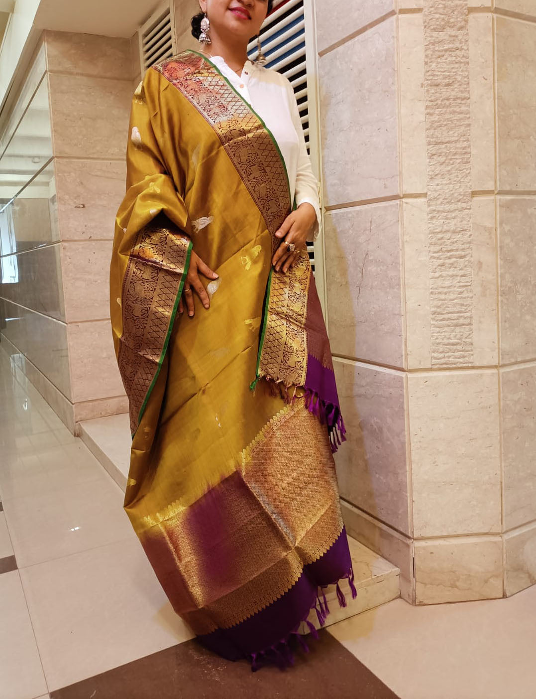 Yellow Handloom Kanjeevaram Pure Silk Dupatta - Luxurion World