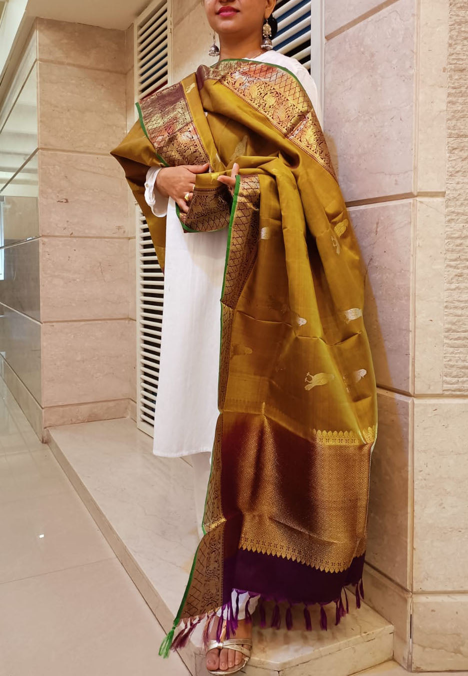 Yellow Handloom Kanjeevaram Pure Silk Dupatta - Luxurion World